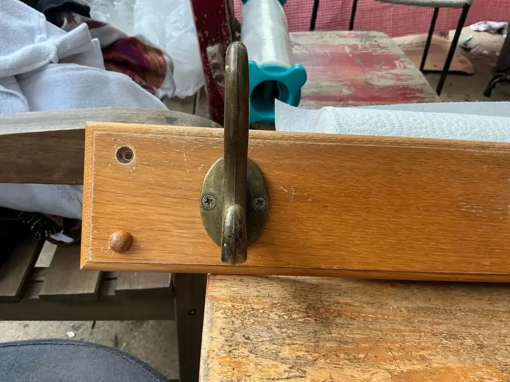 Vintage Wall-Mounted Wooden Coat Rack with Three Antique Brass Double Hooks